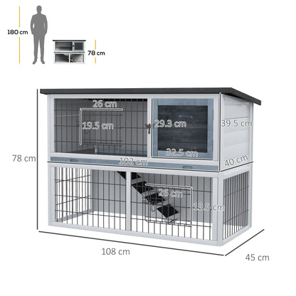 PawHut 2-Tier Wooden Rabbit Hutch Guinea Pig House Bunny Cage Backyard w/ Openable Roof Small Animal House for Outdoor Grey, 108 x 45 x 78 cm