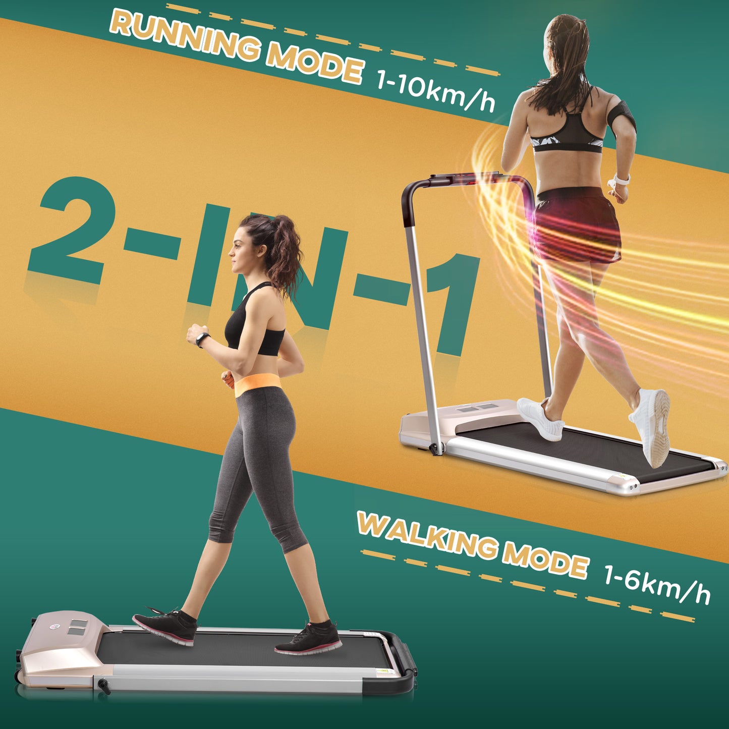 HOMCOM -10kmh Folding Treadmill, Electric Running machine, with Wheels, Safety Button, LCD Monitor, Phone Holder