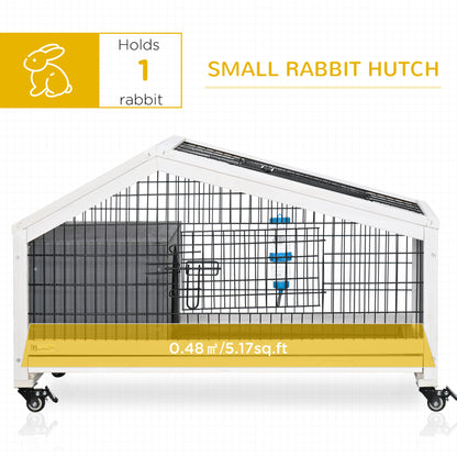 PawHut Rabbit Hutch, Wheeled Rabbit Cage w/ Water Bottle, Plastic Slide-Out Tray - Grey