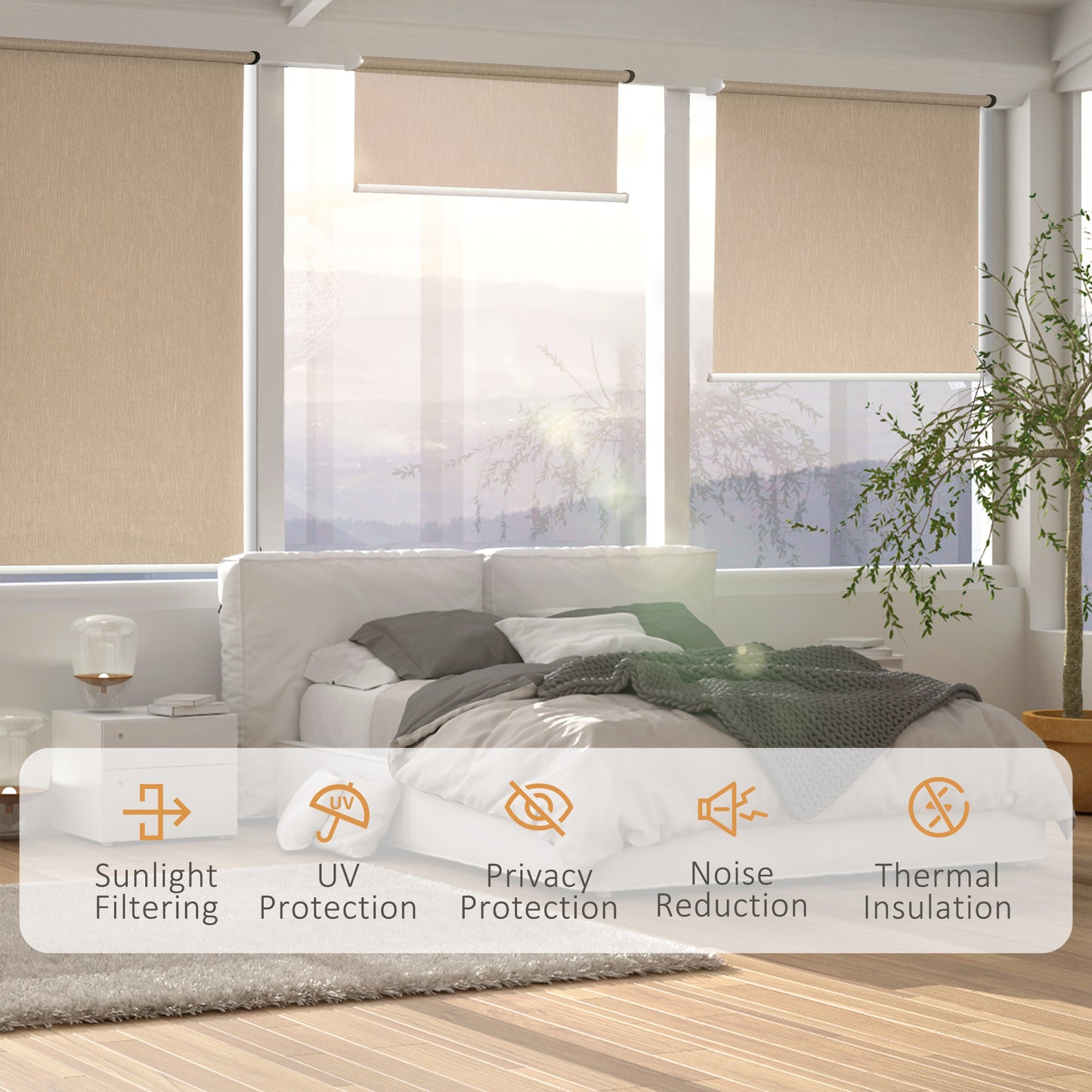 HOMCOM iFi Smart Roller Blinds Work with TUYA App, Window Shade with Rechargeable Battery, Electric Shades Blind Easy Fit Home Office Living Room Bathroom Kitchen, Brown, 90cm x 180cm