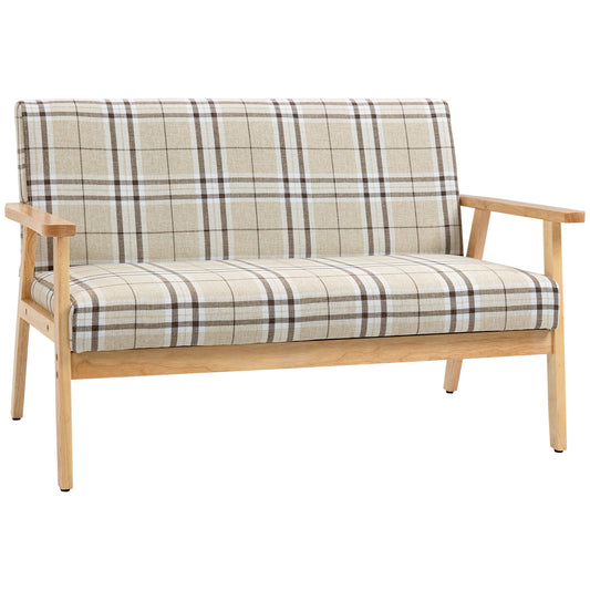 HOMCOM ompact Loveseat Couch Double Seat Sofa with Lattice Pattern and Rubber Wood Frame Beige and Coffee