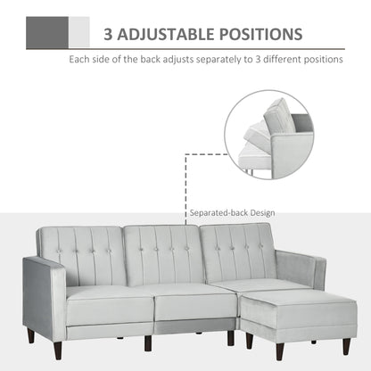 HOMCOM L Shape Sofabed with 3-Seater Sofa and Footstool, Corner Sofa Bed with Ottoman, Light Grey Velvet Fabric