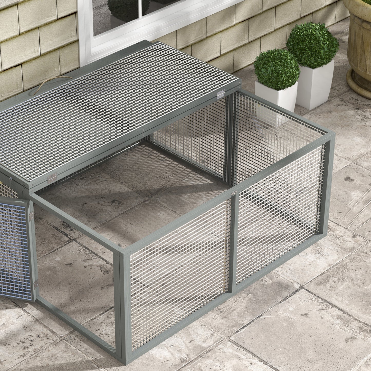 PawHut Wooden Folding Rabbit Hutch, for 2-3 Rabbits - Grey