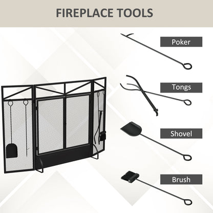 HOMCOM Panel Folding Fire Guard Screen with Fireplace Tool Sets and Front Doors, Freestanding Fire Screen Spark Guard with Feet for Open Fire, Log Burner, Fireplace, 122 x77 cm, Black