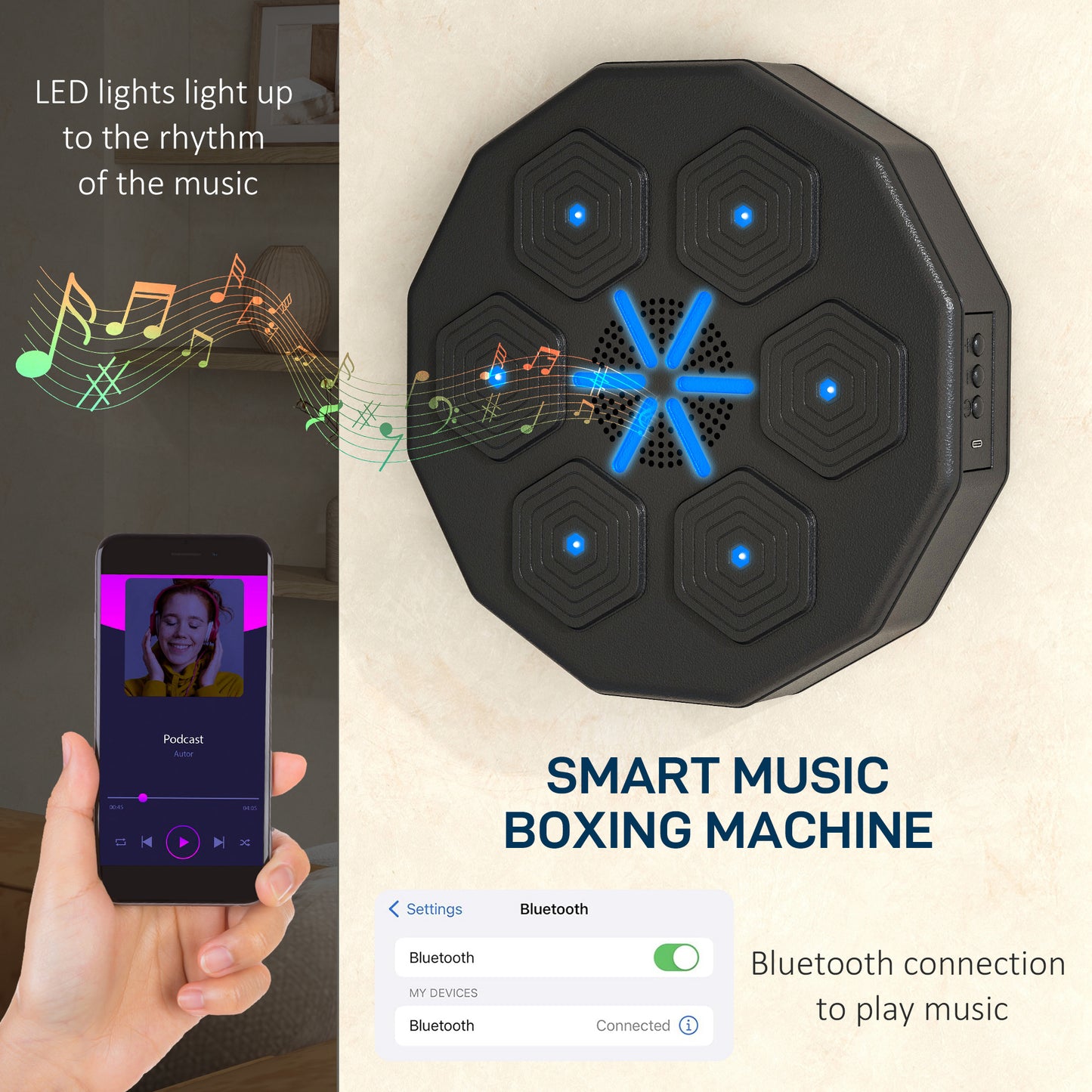 SPORTNOW Music Boxing Machine with Bluetooth Connection and LED Light Smart, Wall Mounted for Punching Beat Boxing Training