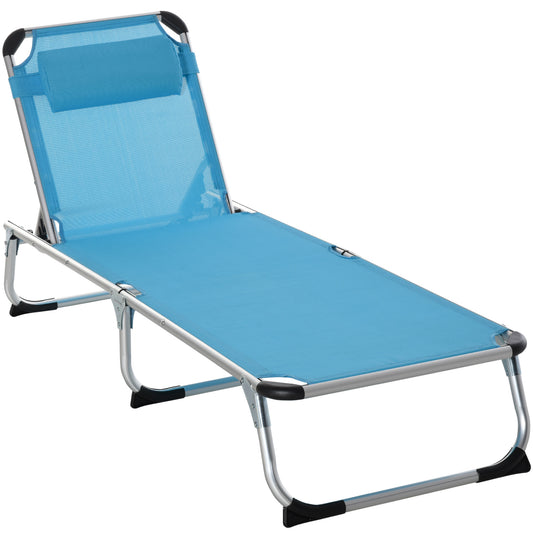 Outsunny Foldable Outdoor Sun Lounger, Reclining Lounge Chair Camping Bed Cot with Pillow 4-Level Adjustable Back Aluminium Frame, Blue