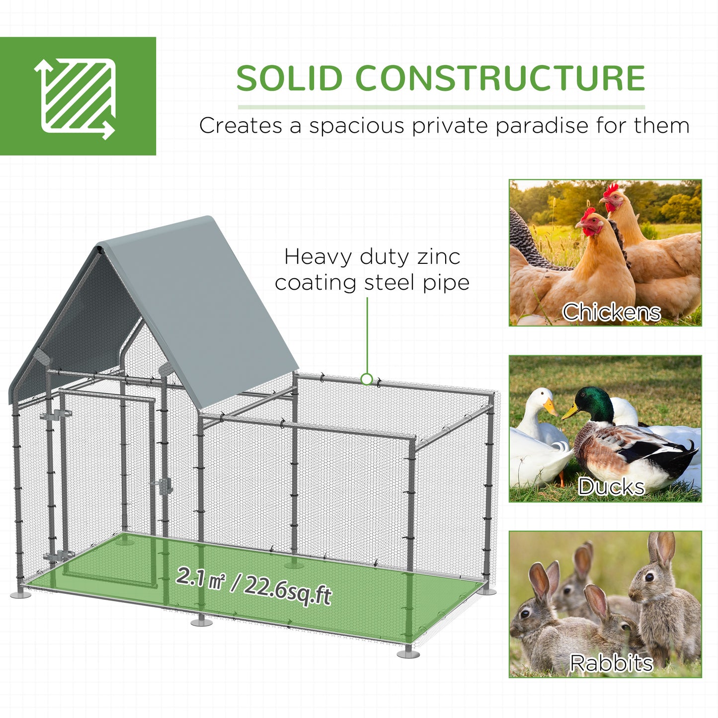 PawHut Walk In Chicken Run, Large Poultry Coop Cage Hen House Rabbit Hutch for 4-6 Chickens Outdoor Galvanized Metal Enclosure w/ Water-Resist Cover 200 x 105 x 172cm