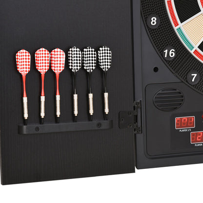 HOMCOM lectronic Dartboard Set, 27 Games Modes and 202 Variations, LED & 12 Soft Tip Darts and Cabinet to Storage, Ready-to-Play Multi-Game Option Darts Machine