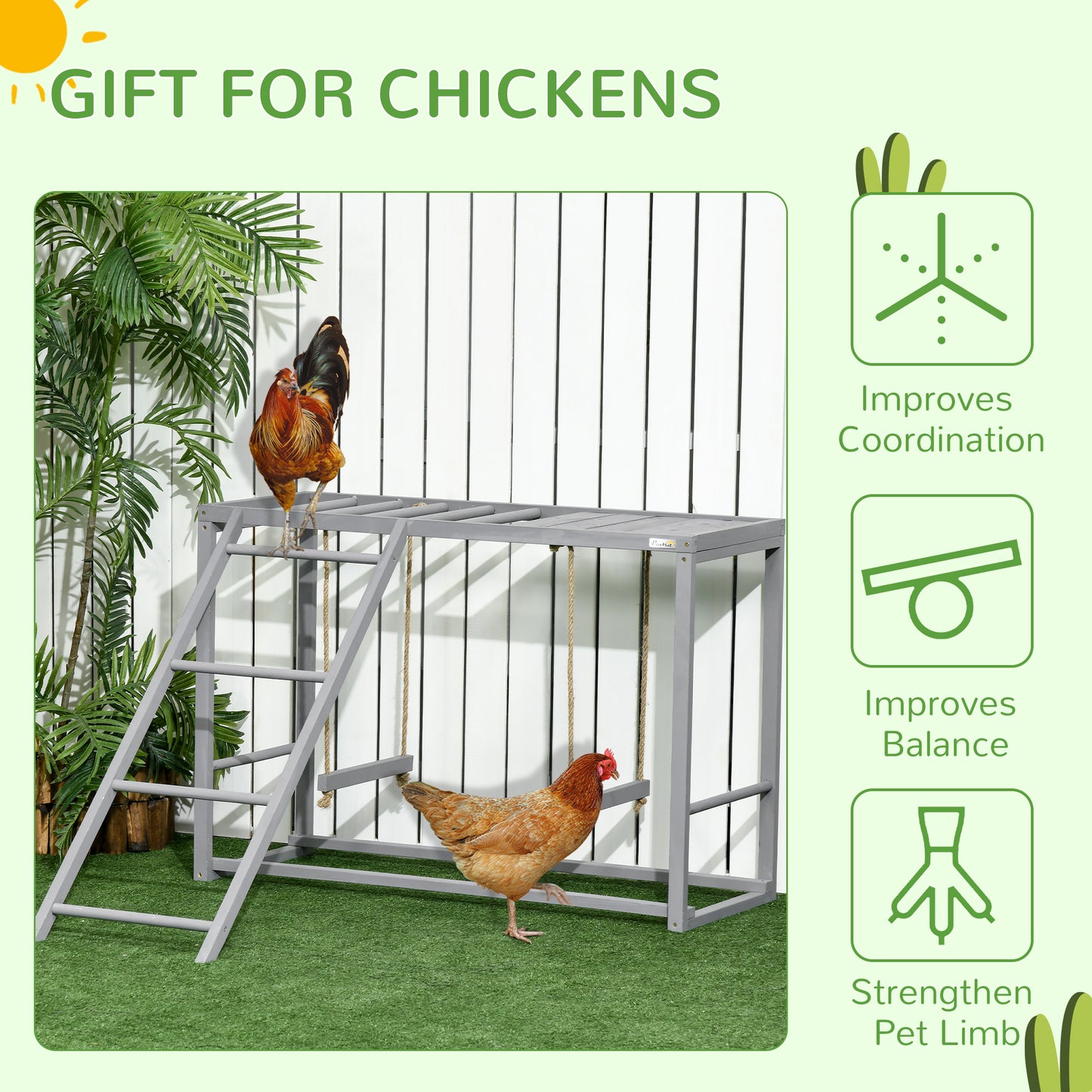 PawHut Chicken Activity Play with Swing Set for 3-4 Chickens, Wooden Chicken Coop, Grey