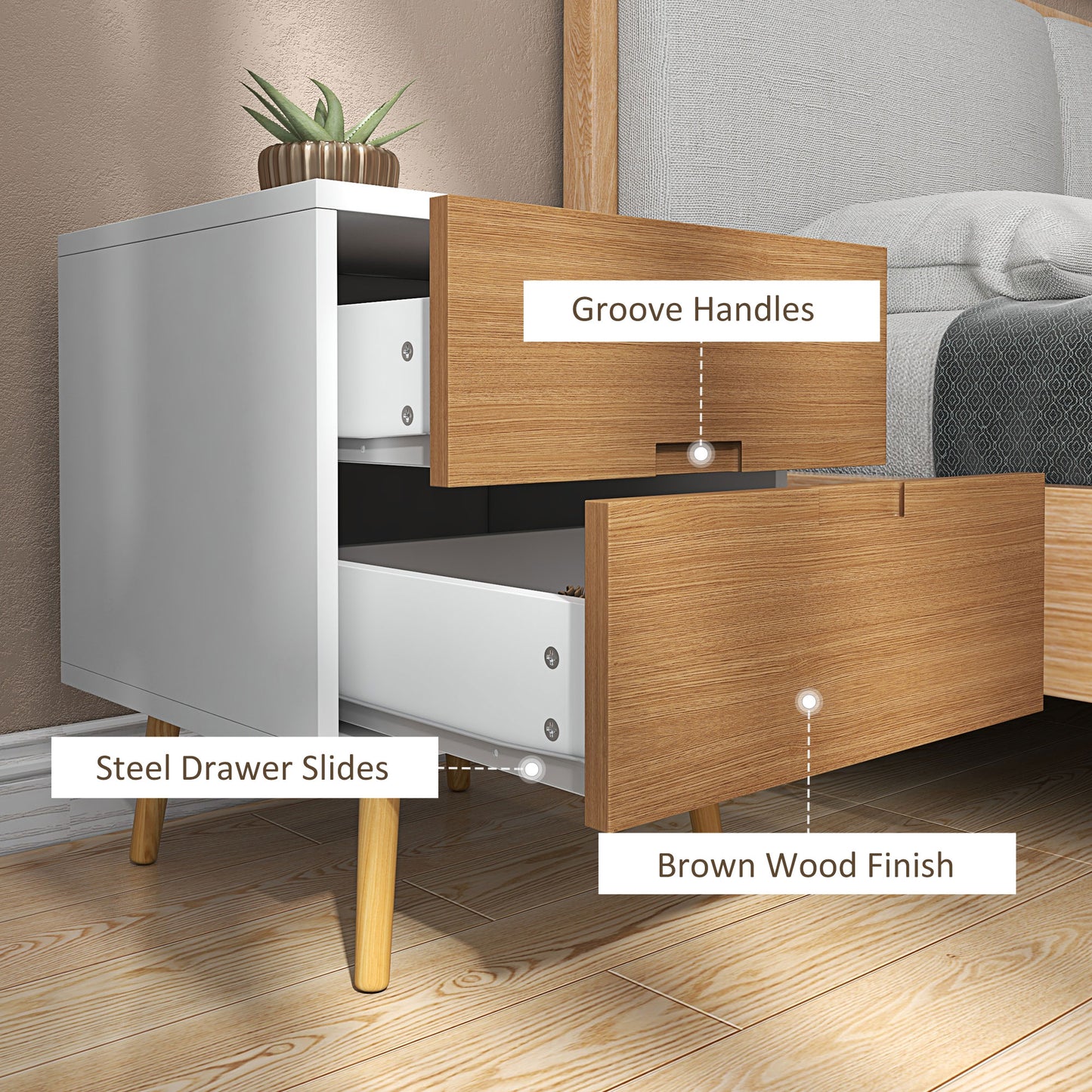 HOMCOM ood Effect Wto-Drawer Bedside Table - Brown/White