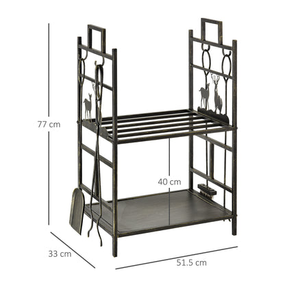 Outsunny Metal Firewood Log Holder 2 Tier Firewood Rack Indoor Outdoor Fireplace Wood Storage Shelf with 4 Tools, Hooks, Elk Shape Design, Black Gold Tone, 51.5W x 33D x 77H cm