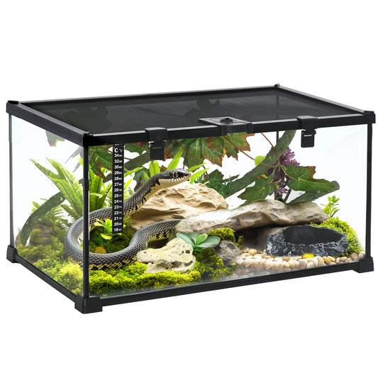 PawHut Glass Reptile Terrarium with Decor Kit, Breeding Tank with Thermometer for Small Animals, 50 x 30 x 25cm, Heated - Black