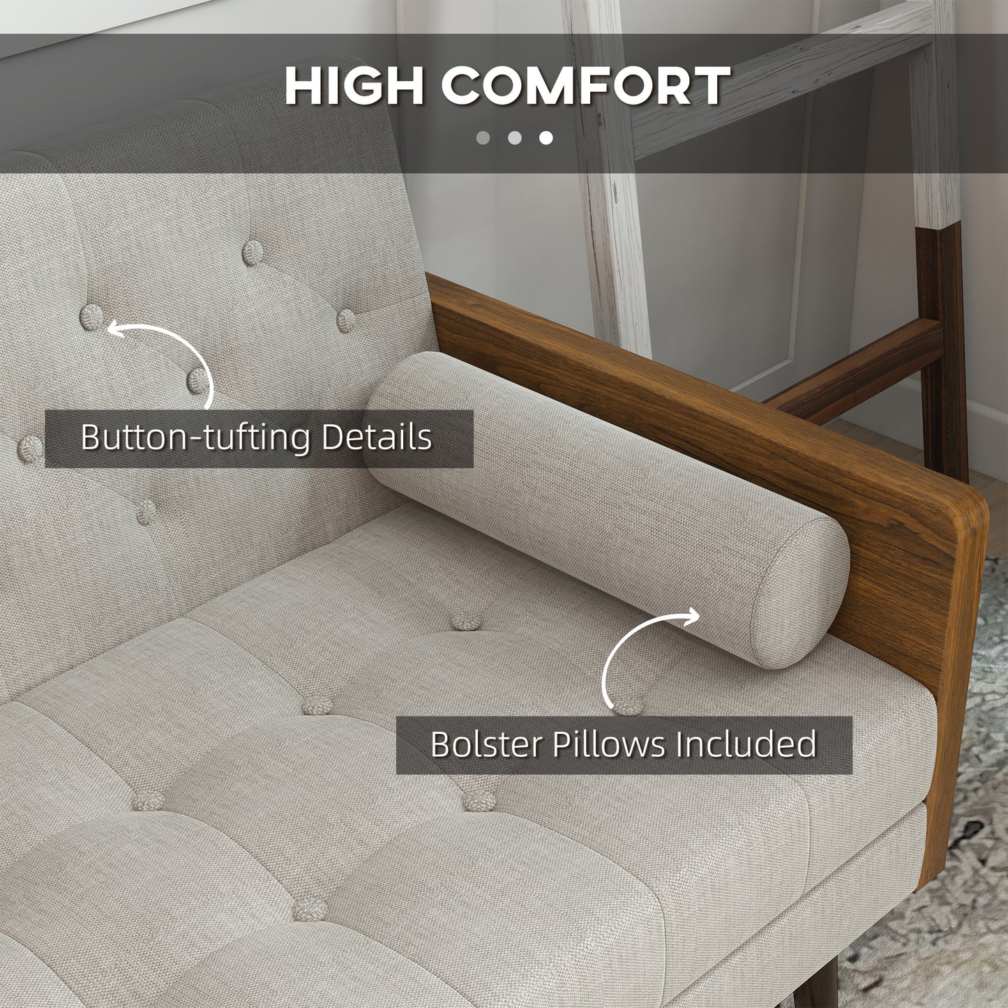 HOMCOM -Seater Sofa Bed Click-Clack Button-Tufted Settee Recliner Couch with Wood Legs for Living Room, Beige