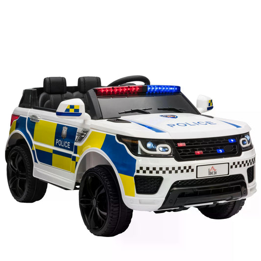 HOMCOM 2V Kids Electric Ride On Police Car 2 Motors with Parental Remote Control Siren Flashing Lights USB Portable for 3-6 Years White