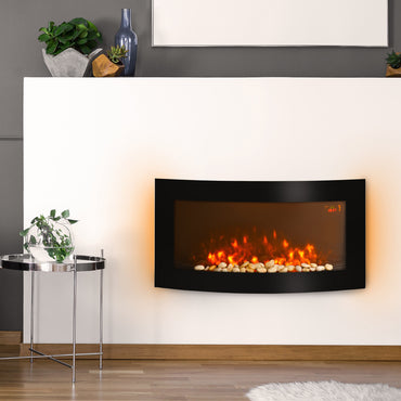 HOMCOM ed Wall Mounted Fireplace Curved Glass Electric Fire Place Fire Place 7 Colour Side Lights Slimline, 1000/2000W, 89.2cm x 48cm