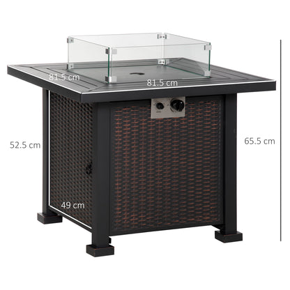 Outsunny Square Propane Gas Fire Pit Table, 50000 BTU Rattan Smokeless Firepit Patio Heater with Glass Screen, Glass Beads and Lid, 81cm x 81cm x 64cm, Black