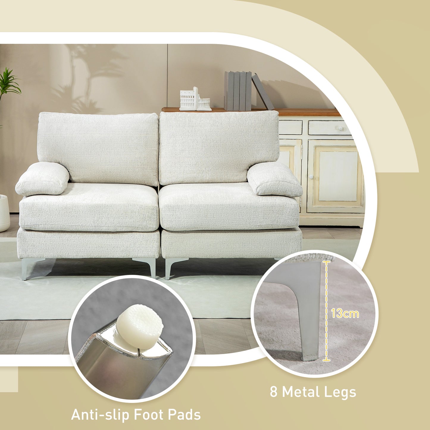 HOMCOM Seater Sofa, Modern Fabric Loveseat with Spring Cushion and Metal Legs, Small Couch for Living Room, Bedroom, Home Office, Reception, Cream White