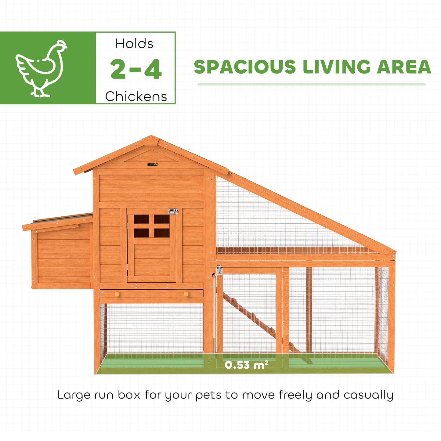 PawHut Wooden Chicken Coop with Run, Nesting Box, Slide-out Tray, Ramp, Perches, Asphalt Roof, 179 x 67 x 115cm