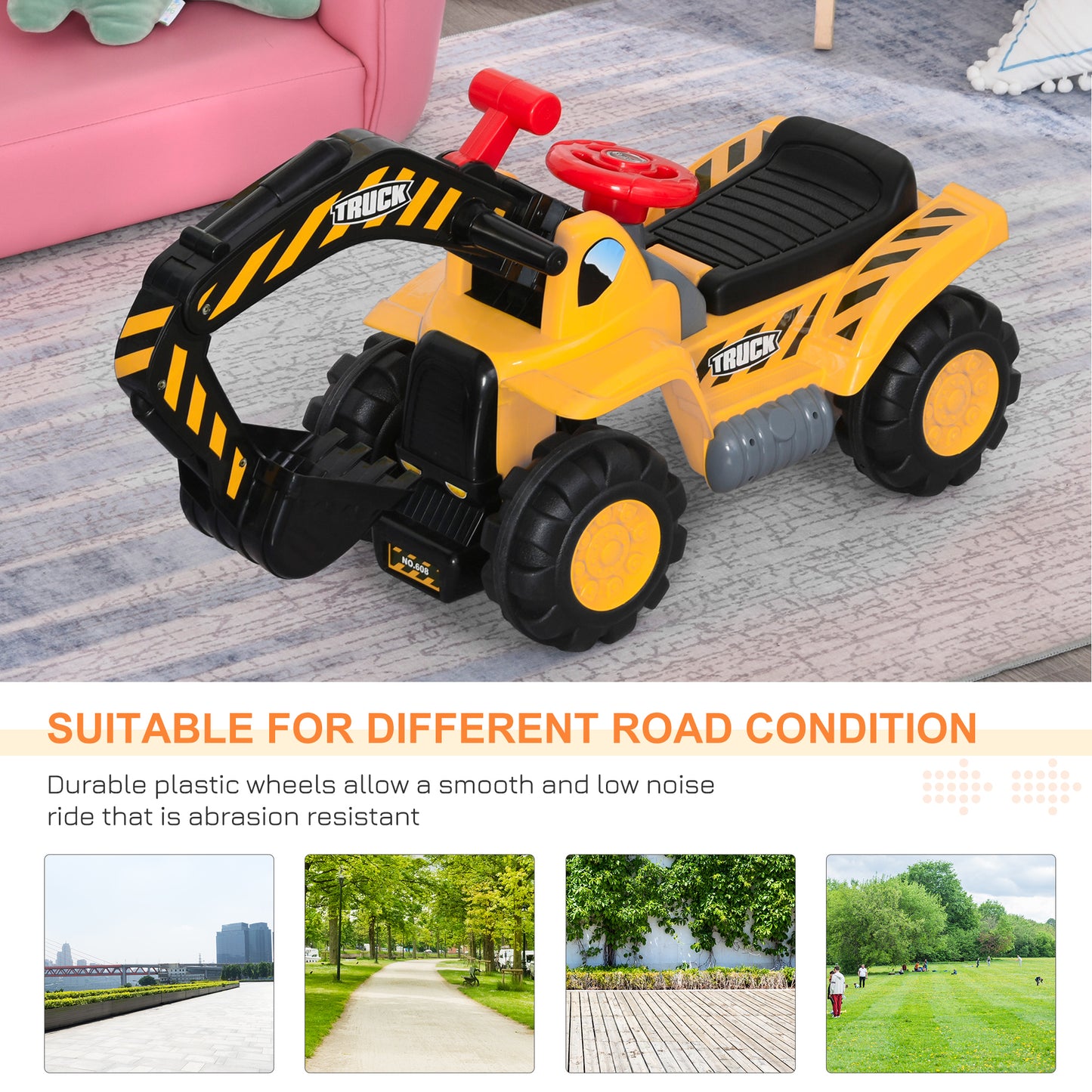 HOMCOM ids Ride On Excavator Digger w/ Storage Basketball Net Steering NO POWER Wheel Vehicle Truck Toy