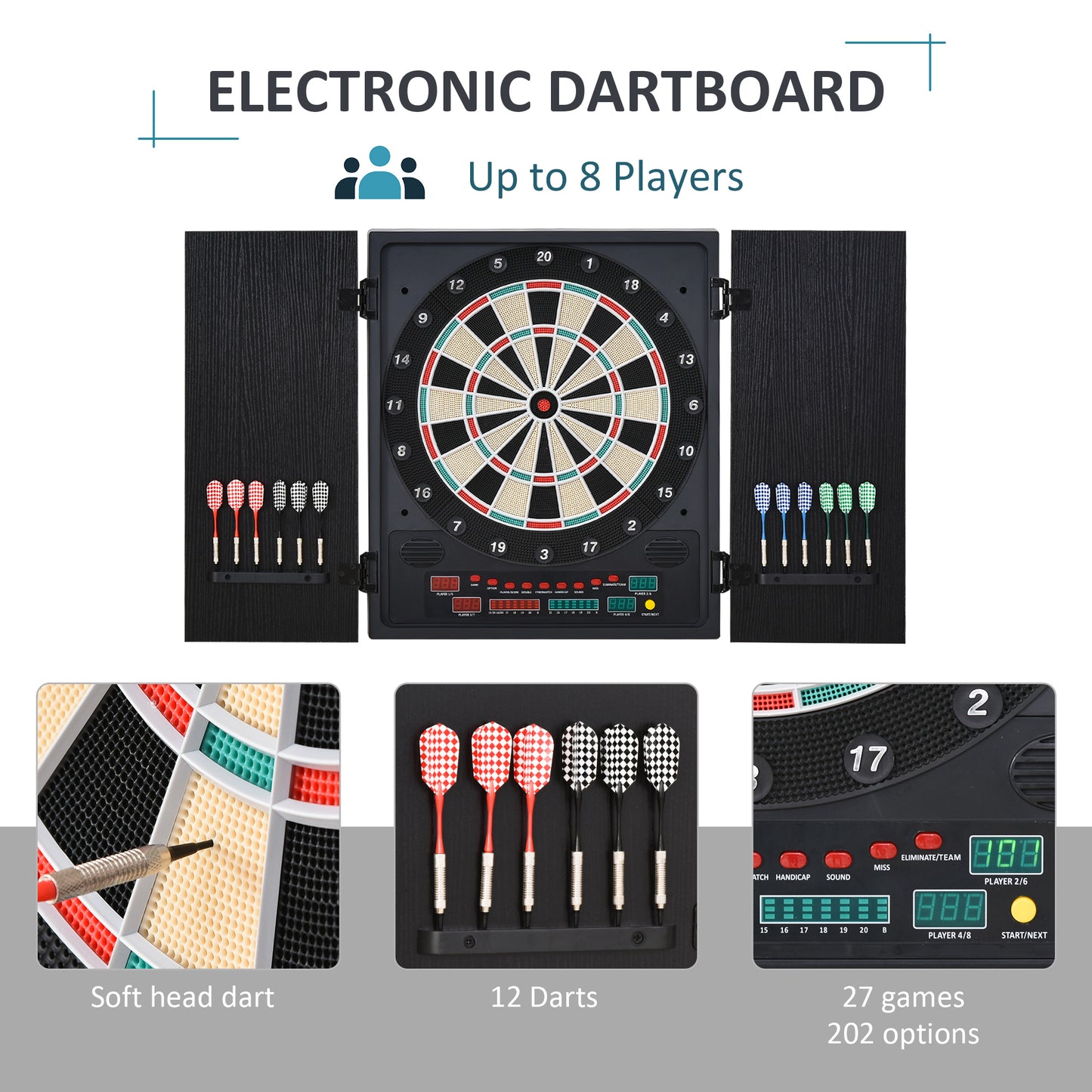 HOMCOM lectronic Dartboard Set, 27 Games Modes and 202 Variations, LED & 12 Soft Tip Darts and Cabinet to Storage, Ready-to-Play Multi-Game Option Darts Machine