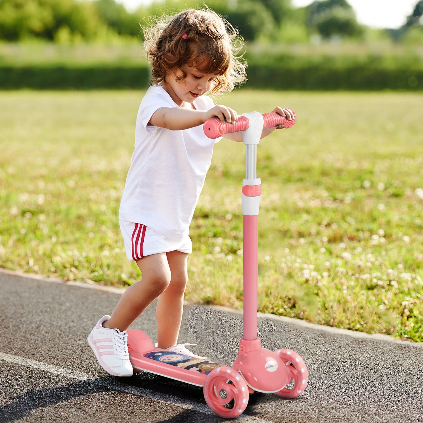 AIYAPLAY Kids 3 Wheel Scooter for 2-6 Years Old w/ Adjustable Height, LED Light, TPE Handlebar, Pink