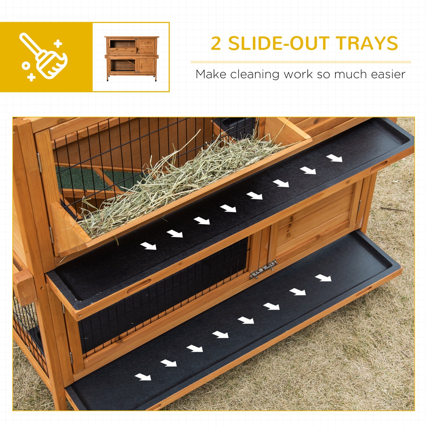 PawHut 2-Tier Double Decker Rabbit Hutch Wooden Guinea Pig House Pet Cage Outdoor with Sliding-out Tray, Asphalt Roof, Ramp, Feeding Shelf, Handle, 120x50x104cm, Orange