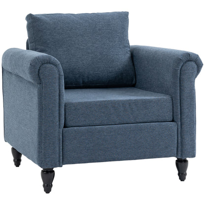 HOMCOM intage Accent Chair, Upholstered Occasional Chair with Back Pillow, Rolled Arms, Rubber Wood Legs, Dark Blue