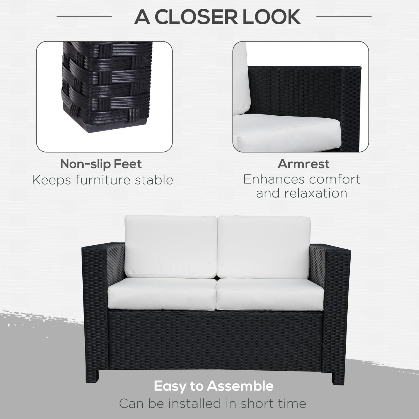 Outsunny 2 Seater Rattan Sofa with Soft Padded Cushion, All-Weather PE Wicker Weave Garden Loveseat with Armrests, Black