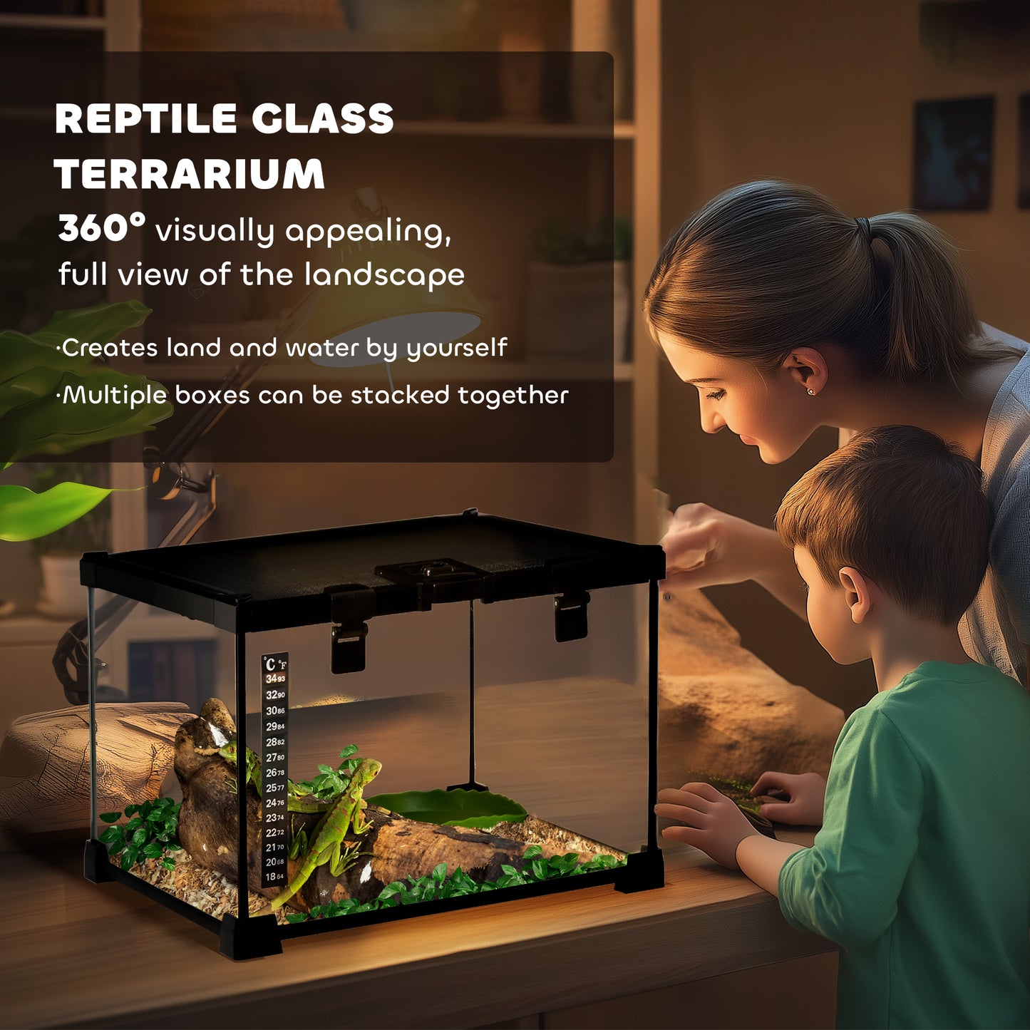 PawHut Glass Reptile Terrarium Insect Breeding Tank Vivarium Habitats with Thermometer for Lizards, Horned Frogs, Snakes, Spiders - Small 30 x 30 x 20cm