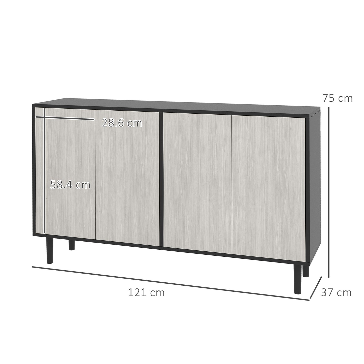 HOMCOM itchen Sideboard Storage Cabinet for Living Room with Adjustable Shelves 4 Doors and Pine Wood Legs Black