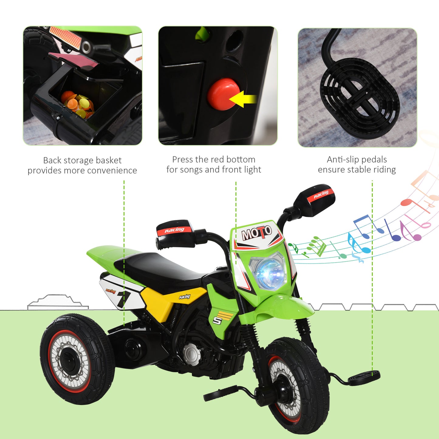 HOMCOM oddler Pedal Motorcycle Kids Ride On Tricycle Early Learning w/ Music Lights Handlebar Stickers Exercise Boys Girls Gift for Kids 18 - 36 Months Green