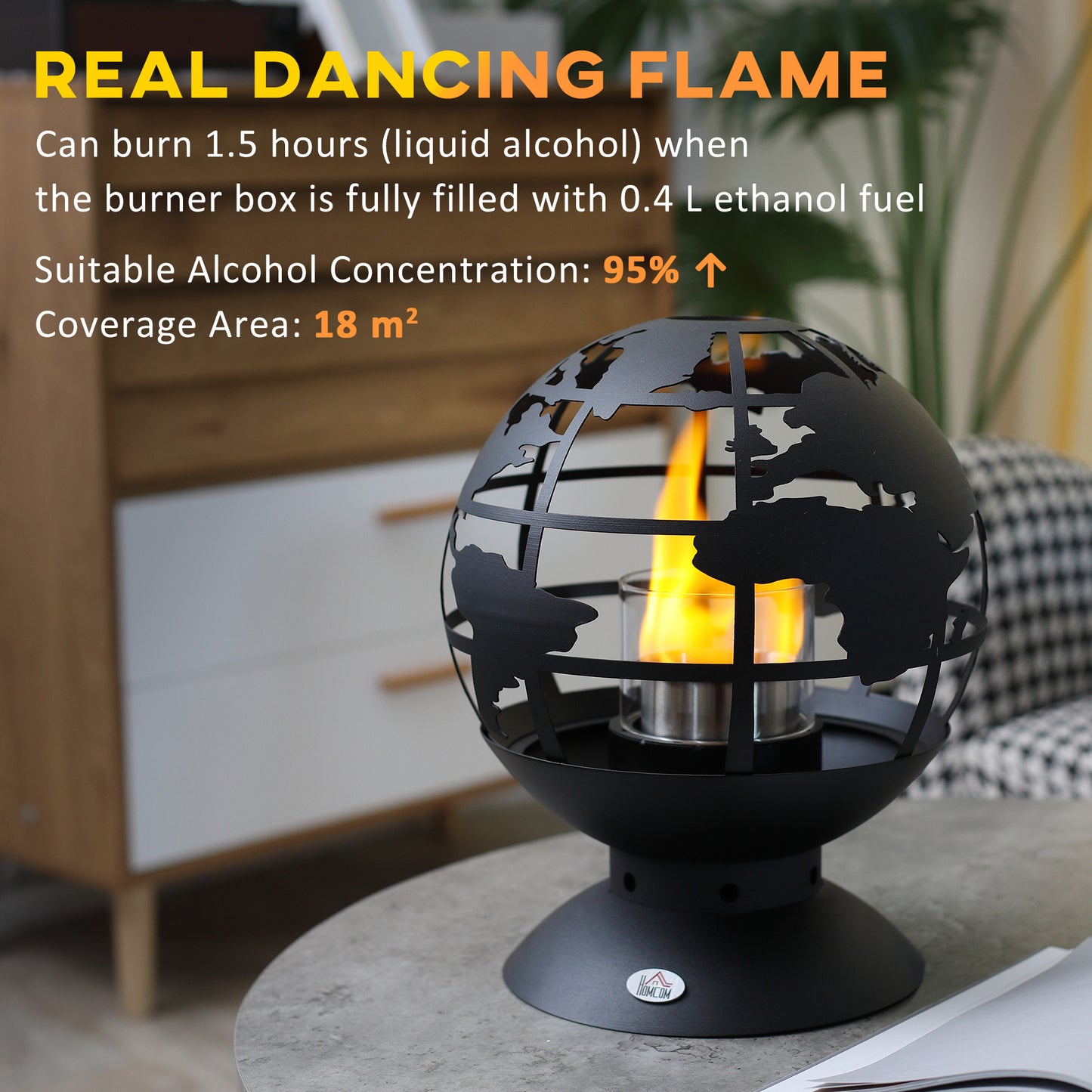 HOMCOM lobe Shape Tabletop Fireplace, Portable Metal Bioethanol Fireplace with Lid and 0.4L Tank, 1.5 Hour Burning Time for Liquid Alcohol, Black