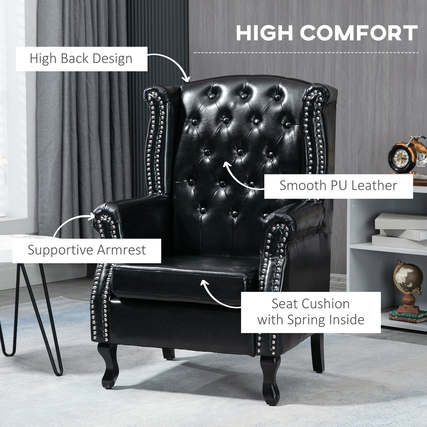 HOMCOM ingback Accent Chair Tufted Chesterfield-style Armchair with Nail Head Trim for Living Room Bedroom Black