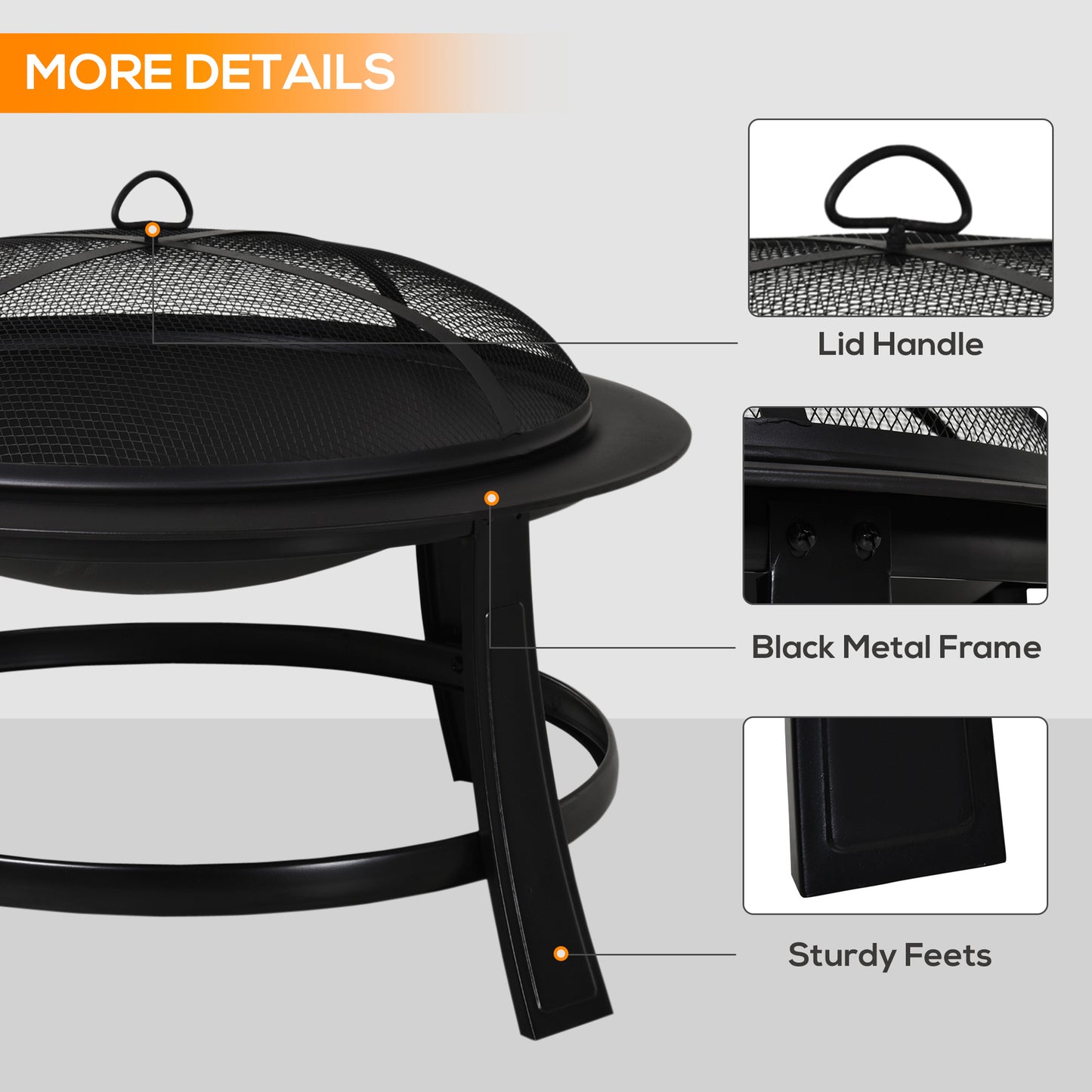 Outsunny Metal Large Firepit Bowl Outdoor Round Fire Pit w/ Lid, Log Grate, Poker for Backyard, Camping, BBQ, Bonfire, Wood Burning Stove, 76 x 76 x 53cm, Black