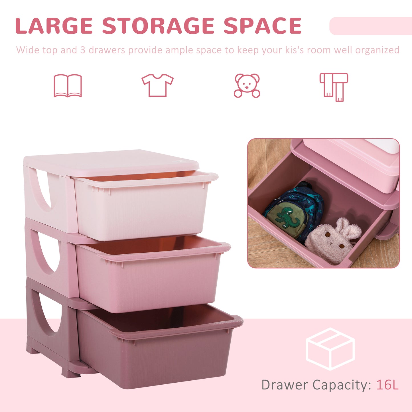 HOMCOM ids Storage Units with 3 Drawers 3 Tier Chest Vertical Dresser Tower Toy Organizer for Nursery Playroom Kindergarten Pink