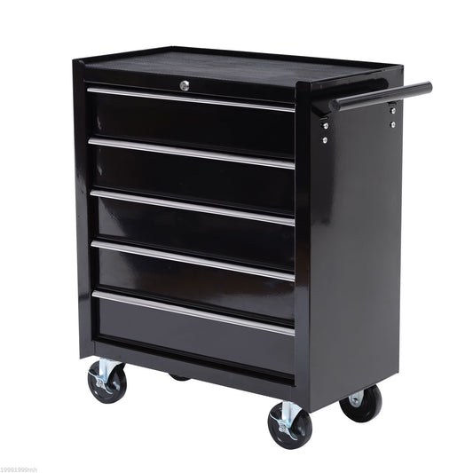 HOMCOM -Drawer Tool Chest with Wheels, Steel Lockable Tool Storage Cabinet with Handle, 2 Keys for Garage, Workshop, Black