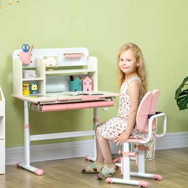 HOMCOM ids Desk and Chair Set, with Storage Shelves, Washable Cover, for Ages 3-12 Years - Pink