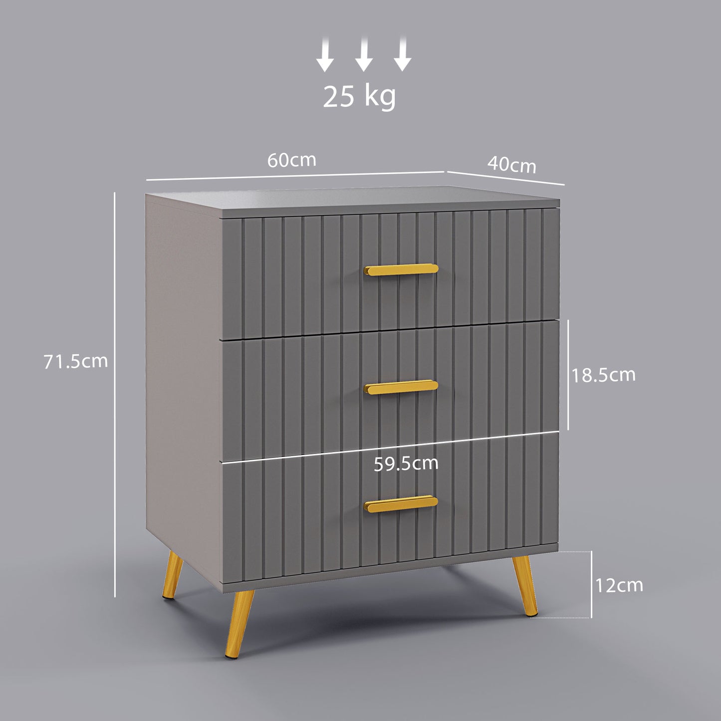 HOMCOM hree Drawer Embossed Line Dresser - Grey/Gold Tone