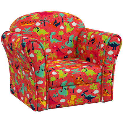 AIYAPLAY Kids Armchair with Dinosaur Design, Wooden Frame, for Bedroom, Playroom, Kids Room, Red