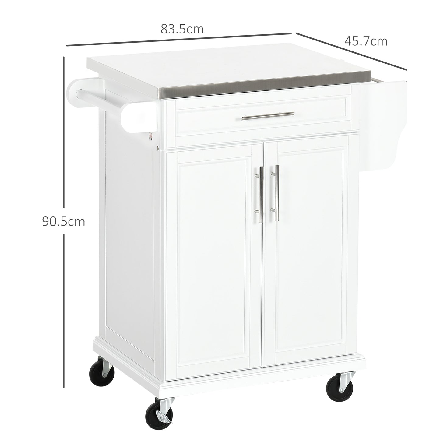 HOMCOM ooden Kitchen Island on Wheels, Serving Cart Storage Trolley with Stainless Steel Top, Drawer, Side Handle and Rack, White