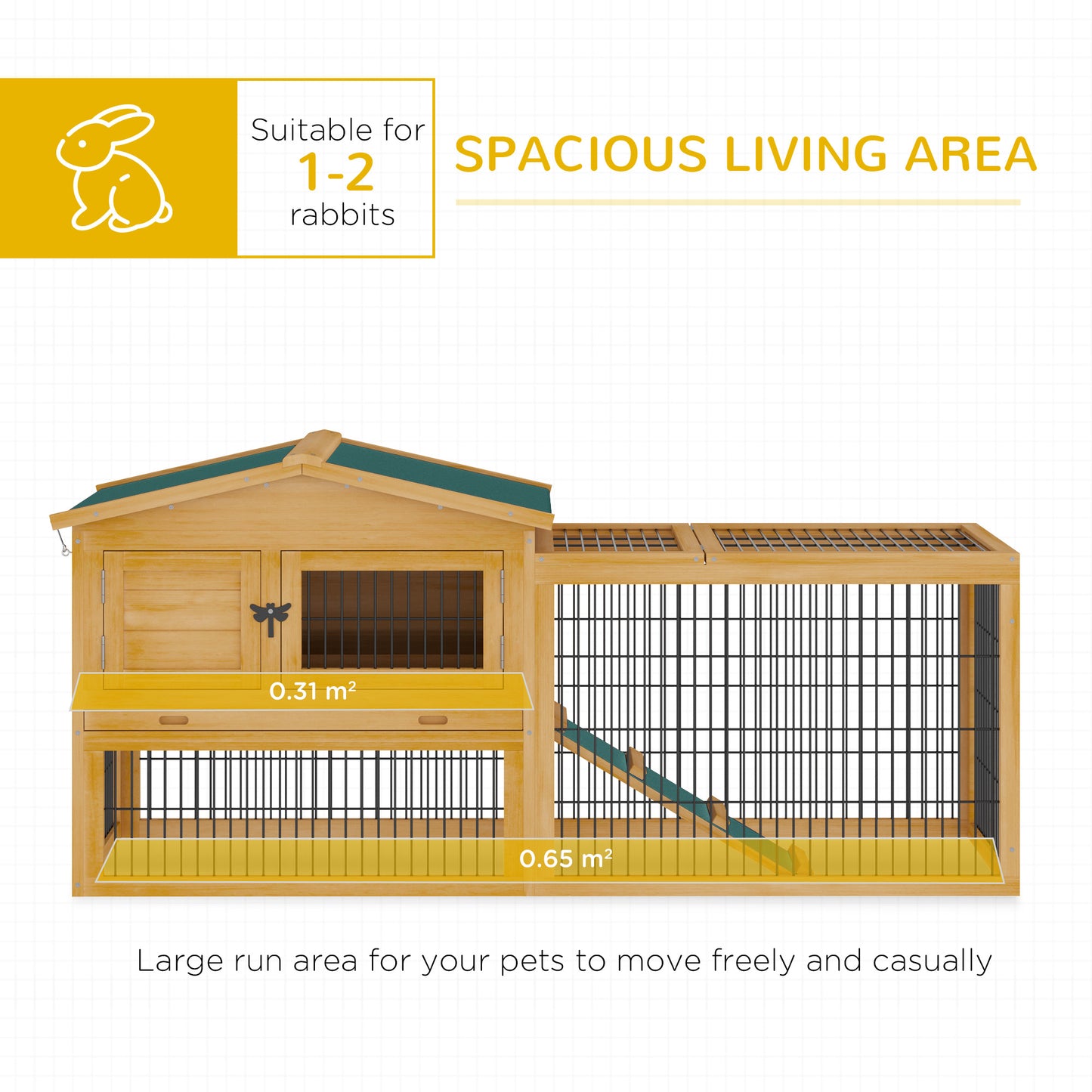 PawHut Rabbit Hutch Outdoor, Wooden Guinea Pig Hutch with Rabbit Run 2 Level Design Water Resistant Openable Roof 150 x 52.5 x 68 cm, Yellow