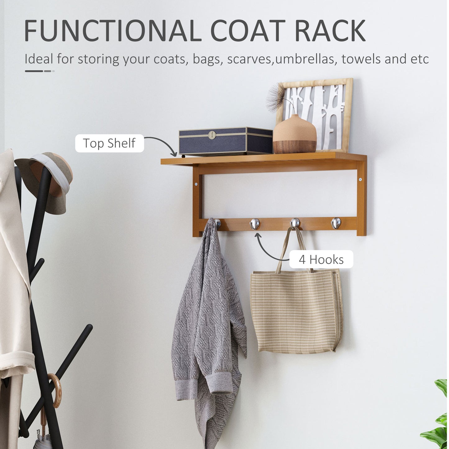 HOMCOM all Mounted Coat Clothes Hat Hanger 4 Hooks Rack Stand with Rail & Storage Shelf for Hallway Entryway Bedroom Bathroom