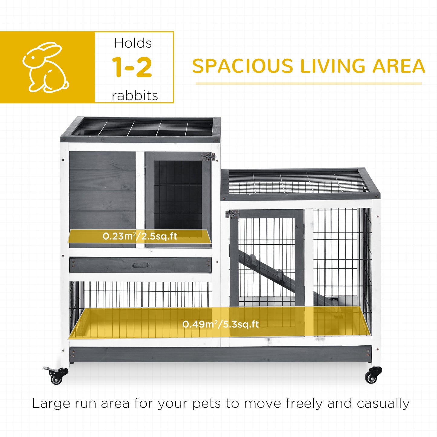 PawHut Wooden Indoor Rabbit Hutch Guinea Pig House Bunny Small Animal Cage W/ Wheels Enclosed Run 110 x 50 x 88 cm, Grey