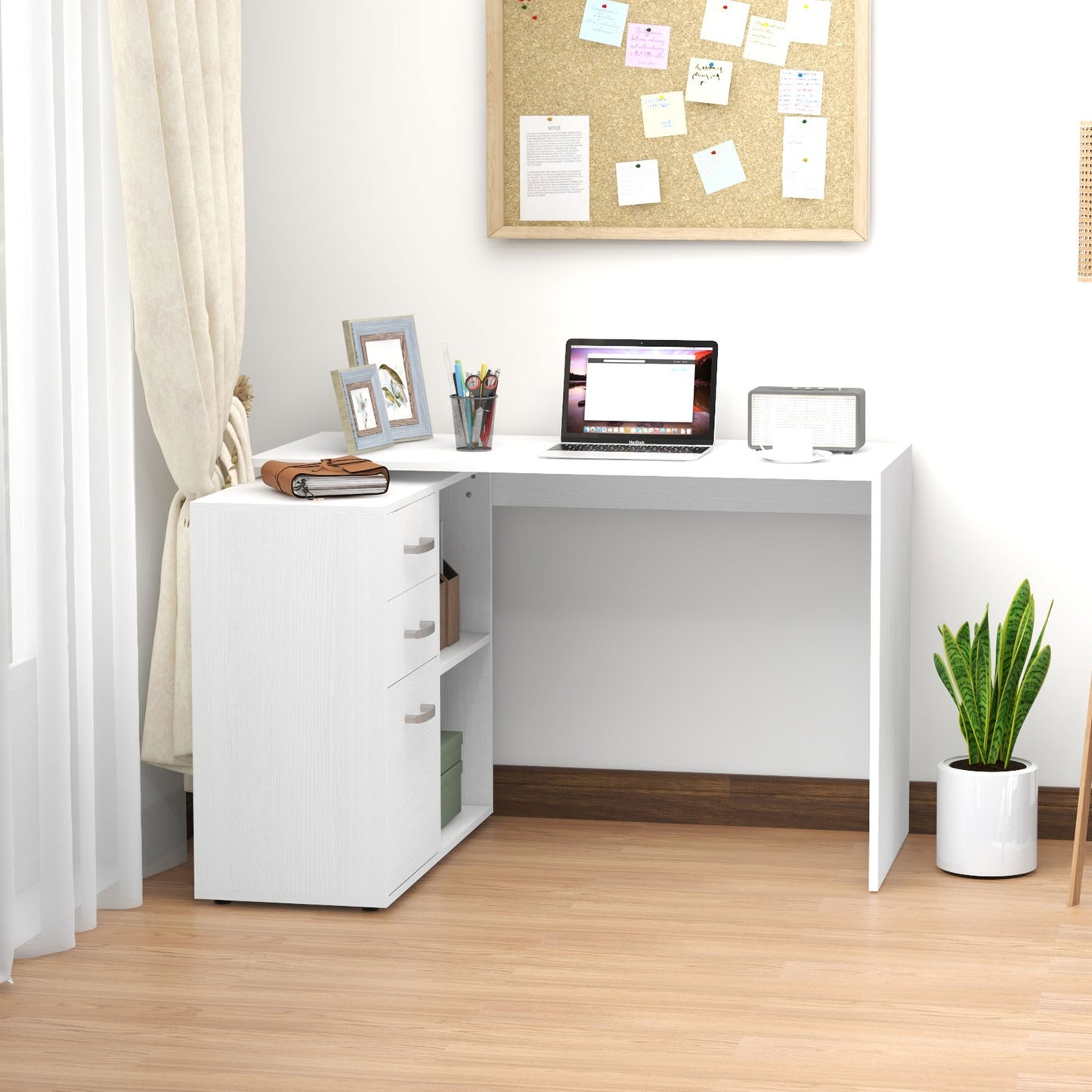 HOMCOM -Shaped Computer Desk, 2 Shaped Corner Desk with Drawers, File Cabinet and Storage Shelves, Home Office Desk, 117 x 83.5 x 76cm, White