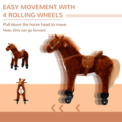 HOMCOM lush Walking Horse Ride On Toy with Wheels and Realistic Sounds Rocking Horse for Girls Boys 3+ Years Old, 50cm Tall, Brown