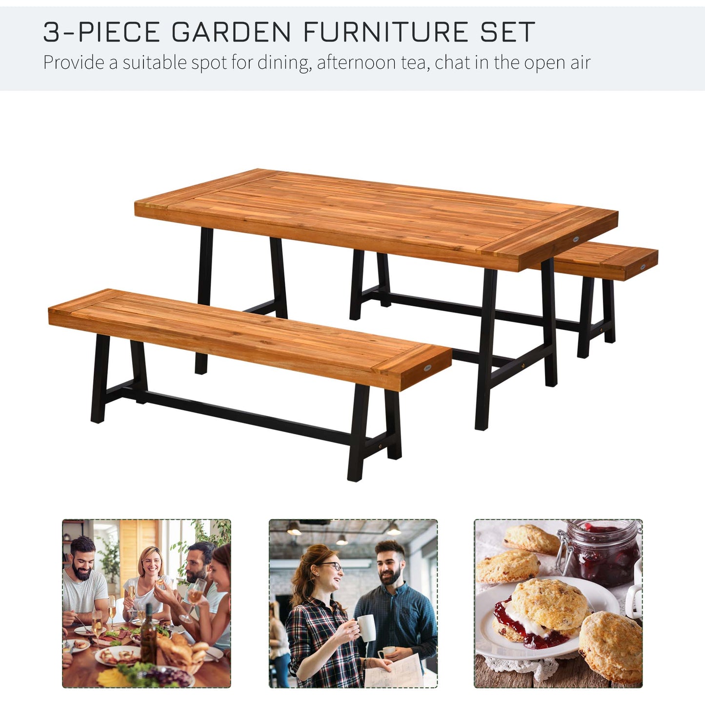 Outsunny Garden 3 Pieces Acacia Wood Picnic Table and 2 Benches Set Dining Trestle Beer Table Patio Outdoor Indoor Furniture