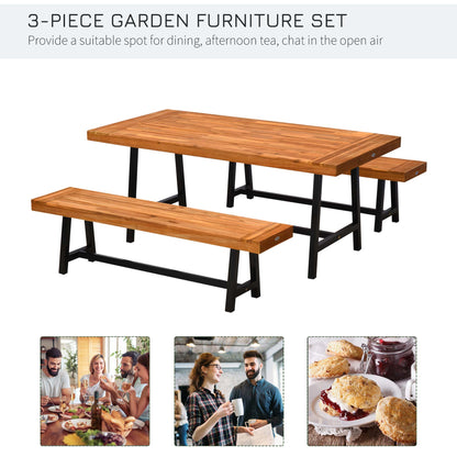 Outsunny Garden 3 Pieces Acacia Wood Picnic Table and 2 Benches Set Dining Trestle Beer Table Patio Outdoor Indoor Furniture