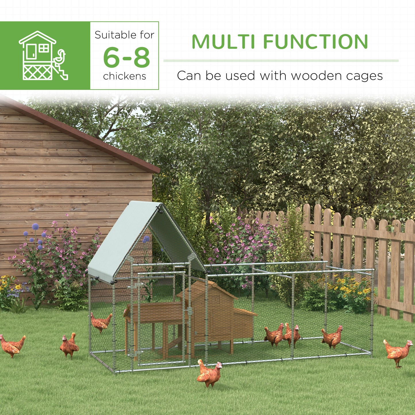 PawHut Walk In Chicken Run Chicken Coop, Large Poultry Cage Hen House for 6-8 Chickens Outdoor w/ Water-Resist Cover 302 x 107 x 172cm