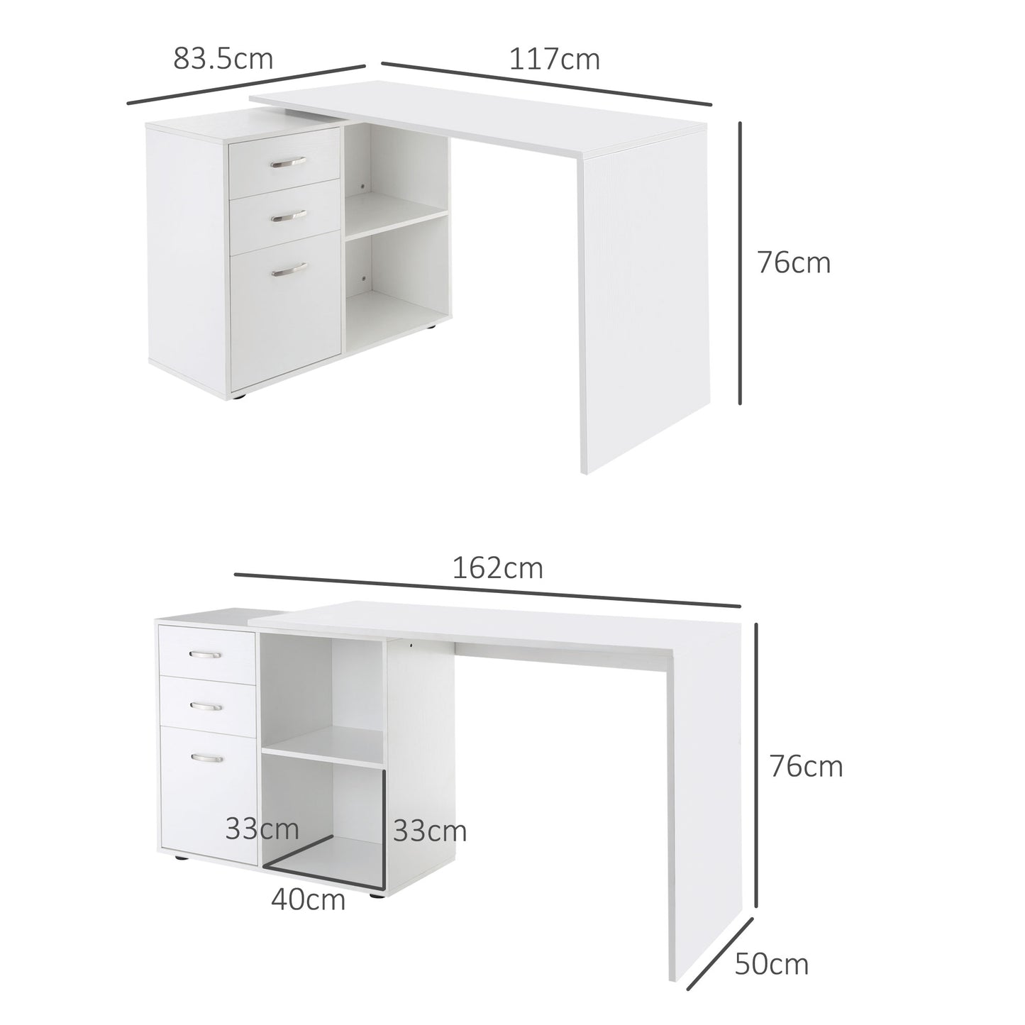 HOMCOM -Shaped Computer Desk, 2 Shaped Corner Desk with Drawers, File Cabinet and Storage Shelves, Home Office Desk, 117 x 83.5 x 76cm, White