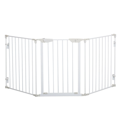 PawHut Pet Safety Gate, 3 Panels Playpen Fireplace, Metal Fence, Stair Barrier, Room Divider w/ Walk-Through Door - White